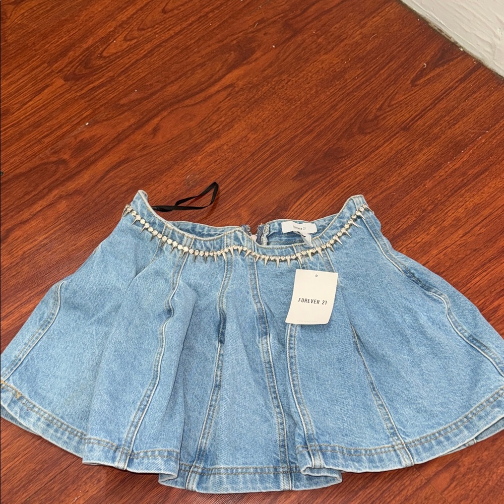 Forever 21 Light Blue Denim Circle Skirt with Beaded Trim